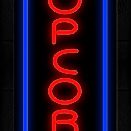 Image of 11612 Popcorn in red with blue border (Vertical) Neon Sign 13x32 Black Backing