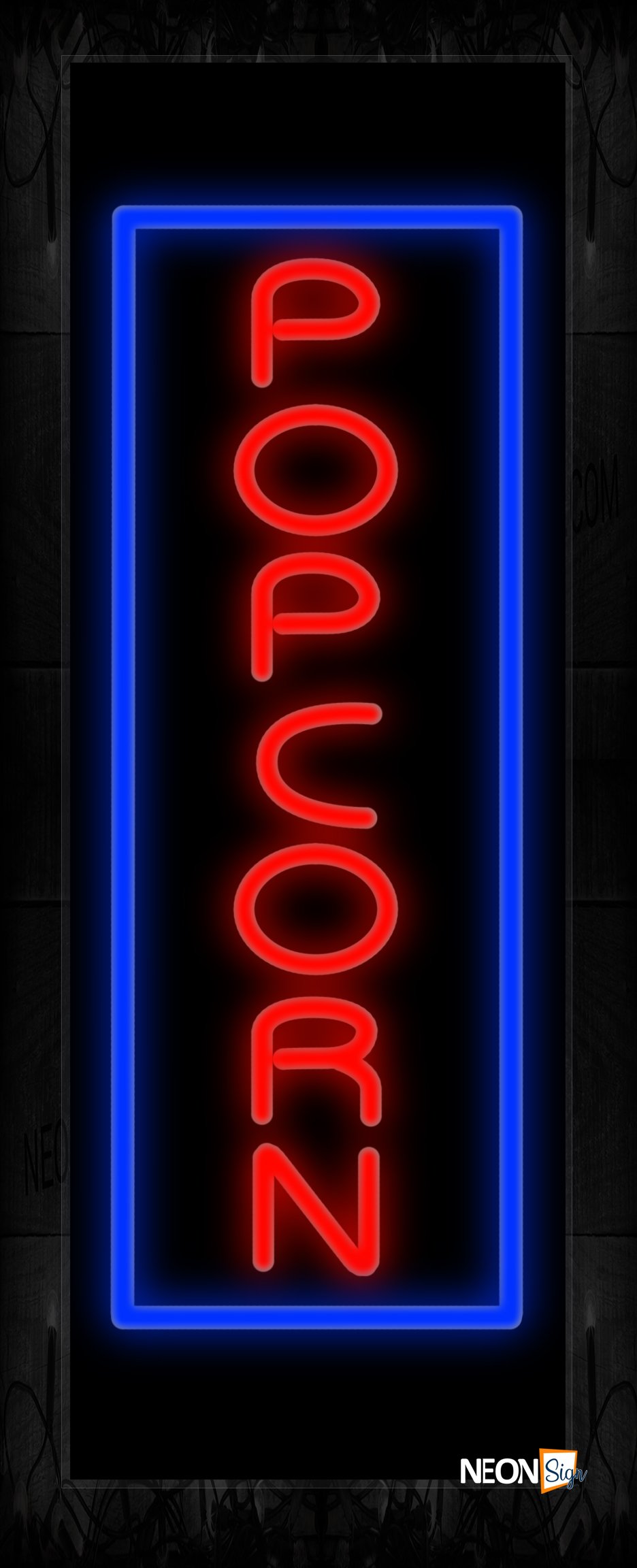 Image of 11612 Popcorn in red with blue border (Vertical) Neon Sign 13x32 Black Backing