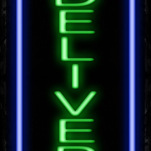 Image of 11643 We Deliver with blue lines (Vertical) Neon Sign_32 x12 Black Backing
