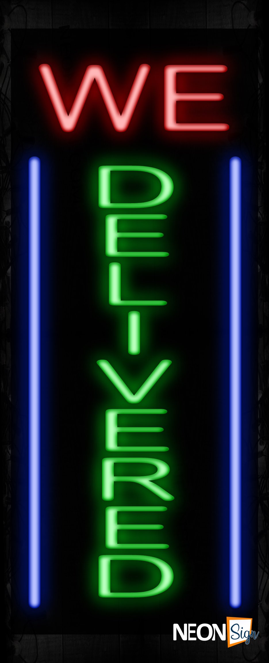 Image of 11643 We Deliver with blue lines (Vertical) Neon Sign_32 x12 Black Backing
