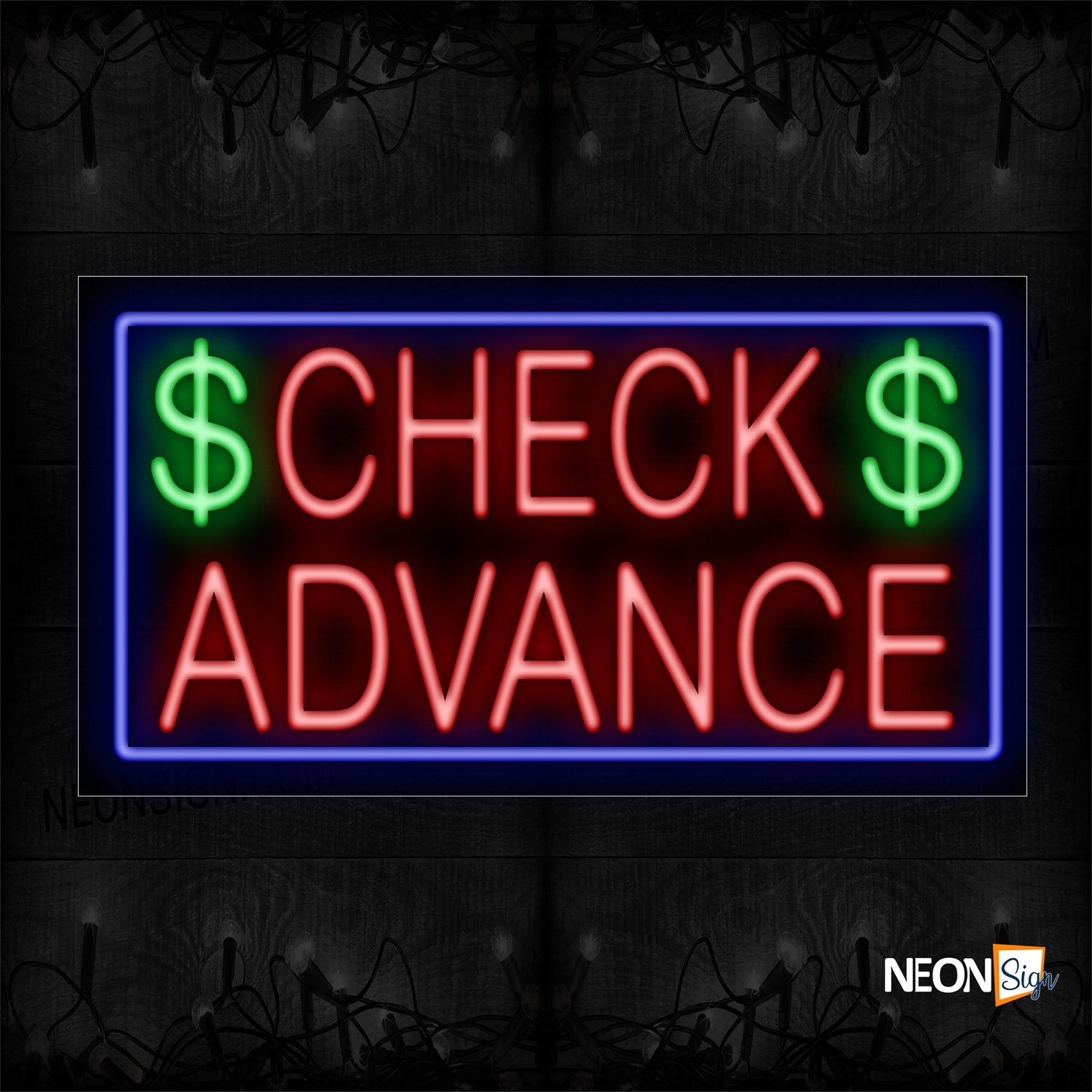 Image of 11674 $ Check $ Advance In Red With Blue Border Neon Sign_20x37 Black Backing