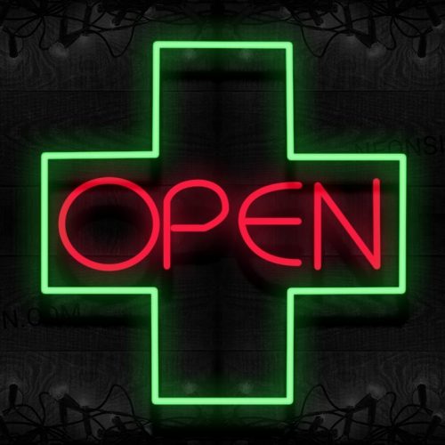 Image of 11686 Open with green cross border Neon Signs 24 x 24