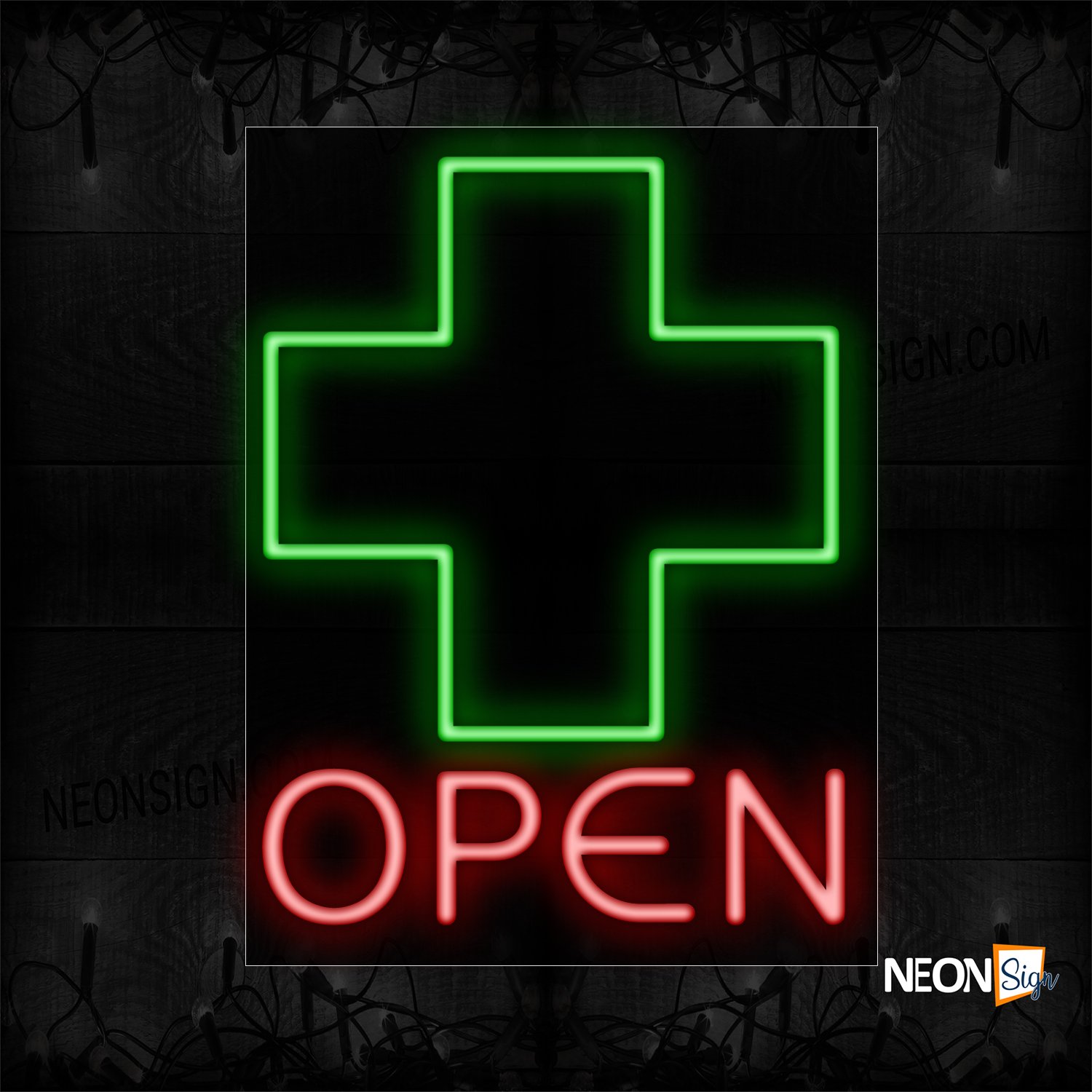 Image of 11687 Open Hospital With Green Cross Traditional Neon_24x31 Black Backing