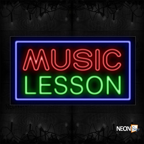 Image of 11751 Double Stroke Music Lessons With Blue Border Neon Sign_20x37 Black Backing