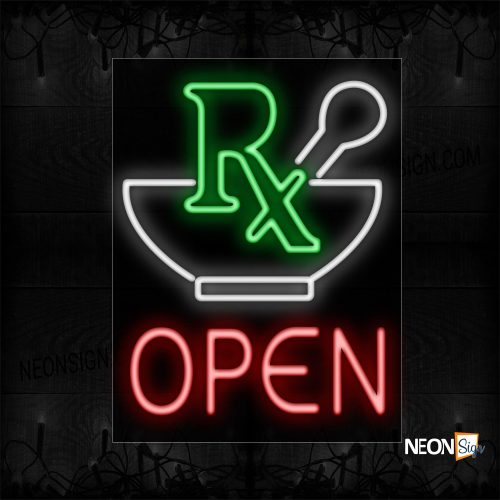 Image of 11766 Rx Open With Mortar Logo Neon Sign_24x31 Black Backing