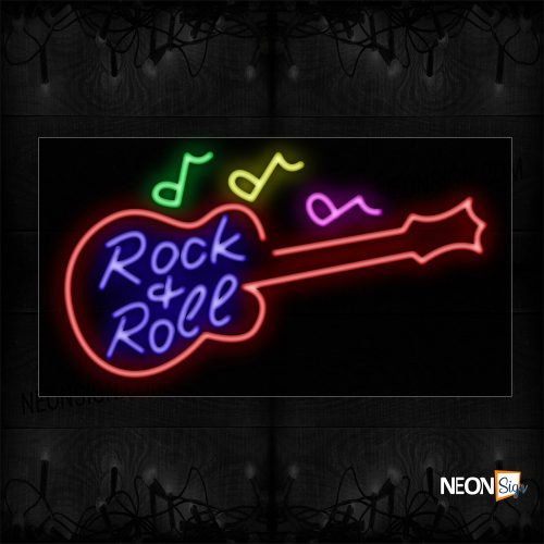 Image of 11773 Rock & Roll With Guitar Logo & Music Notes Neon Sign_20x37 Black Backing