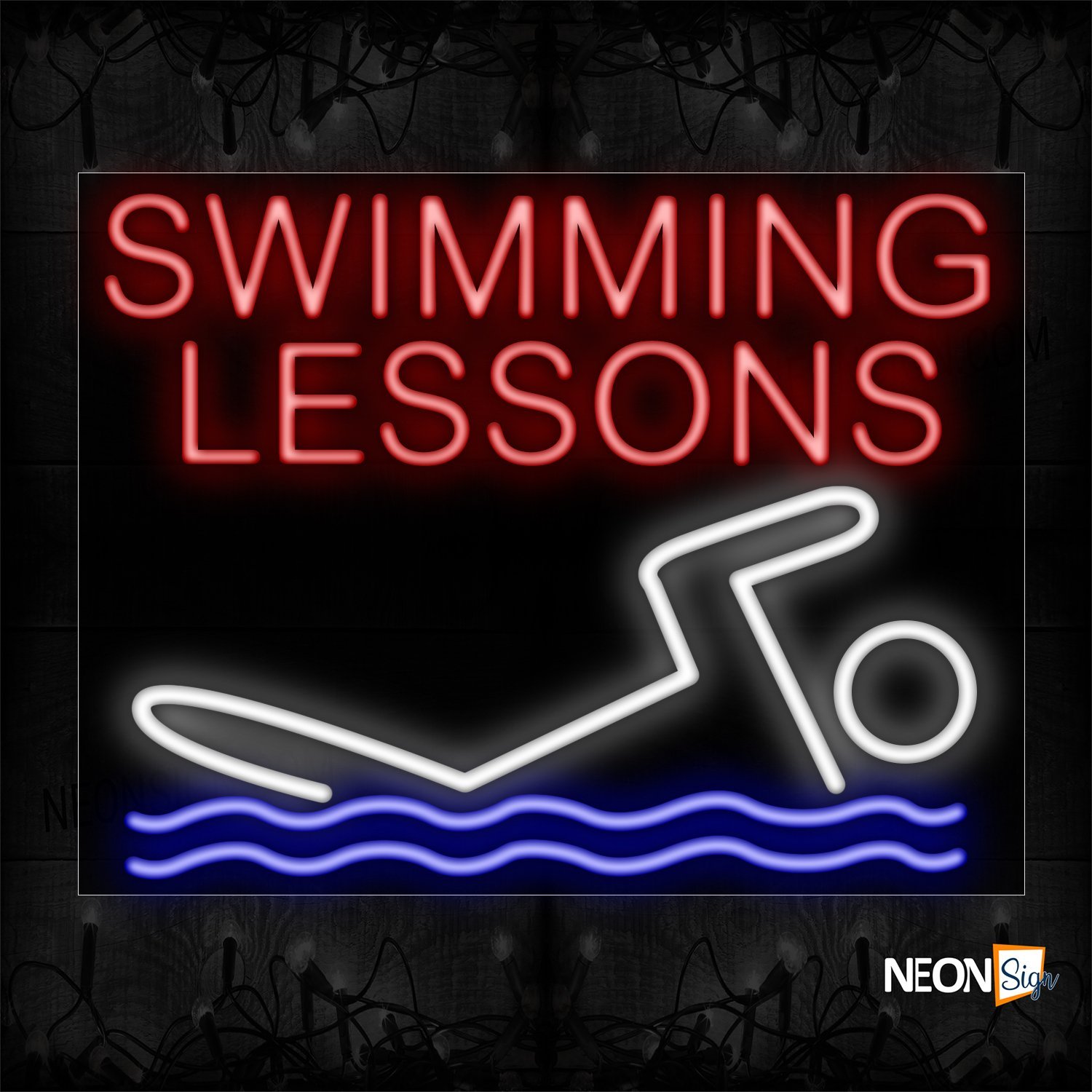 Image of 11786 Swimming Lessons With Logo Neon Sign_24x31 Black Backing