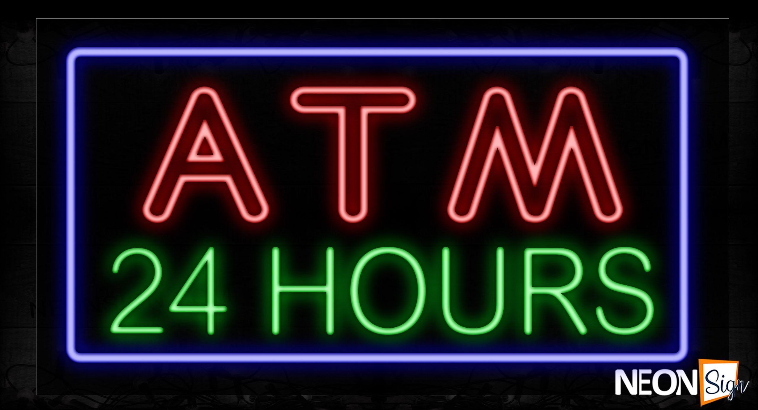 Image of 11801 Double Stroke Atm 24 Hours With Blue Border Neon Signs_20x37 Black Backing