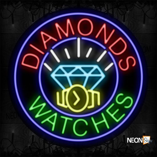 Image of 11811 Diamonds Watches With Logo With Circle Blue Border Neon Sign_26x26 Black Backing