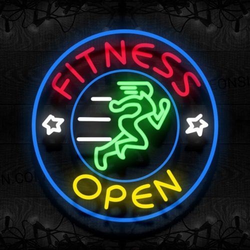 Image of 11816 Fitness Open with blue circle border and logo Neon Signs 26 x 26