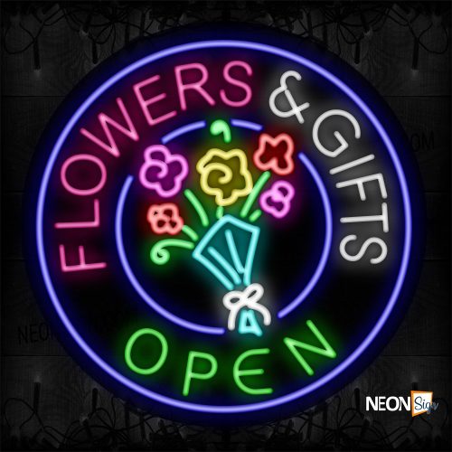Image of 11817 Flower & Gifts Open With Logo And Circle Blue Border Neon Sign_26x26 Contoured Black Backing