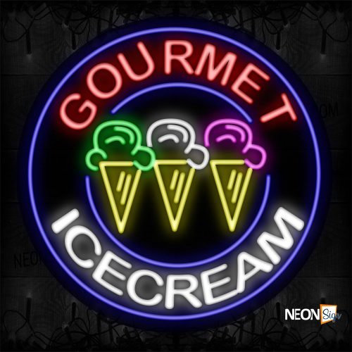 Image of 11819 Gourmet Ice Cream With Circle Blue Border With Logo Neon Signs_26x26 Contoured Black Backing