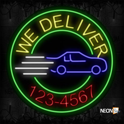 Image of 11835 We Deliver And Phone Number With Green Circle Border Neon Signs_26x26 Black Backing