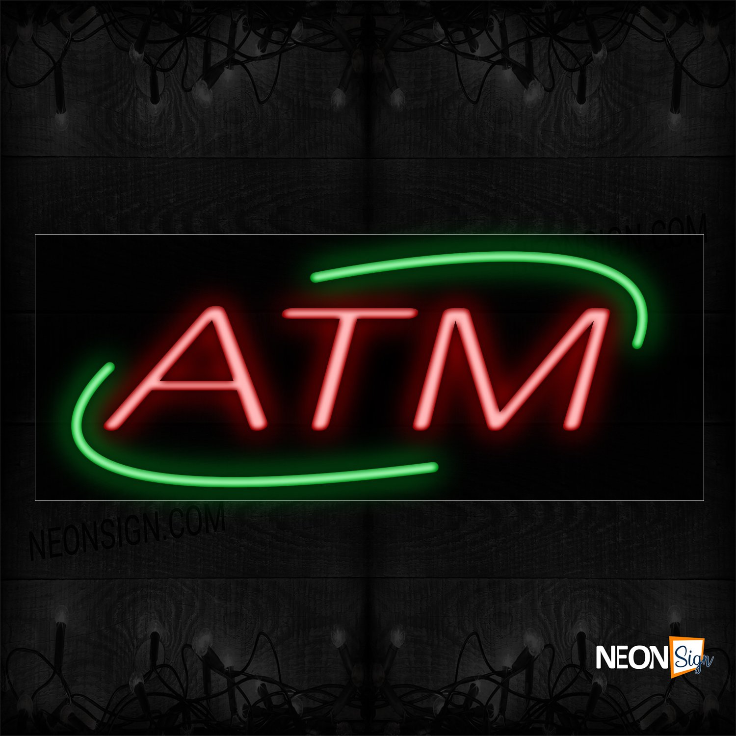 Image of 12006 Atm In Red With Green Arc Border Neon Sign_13x32 Black Backing