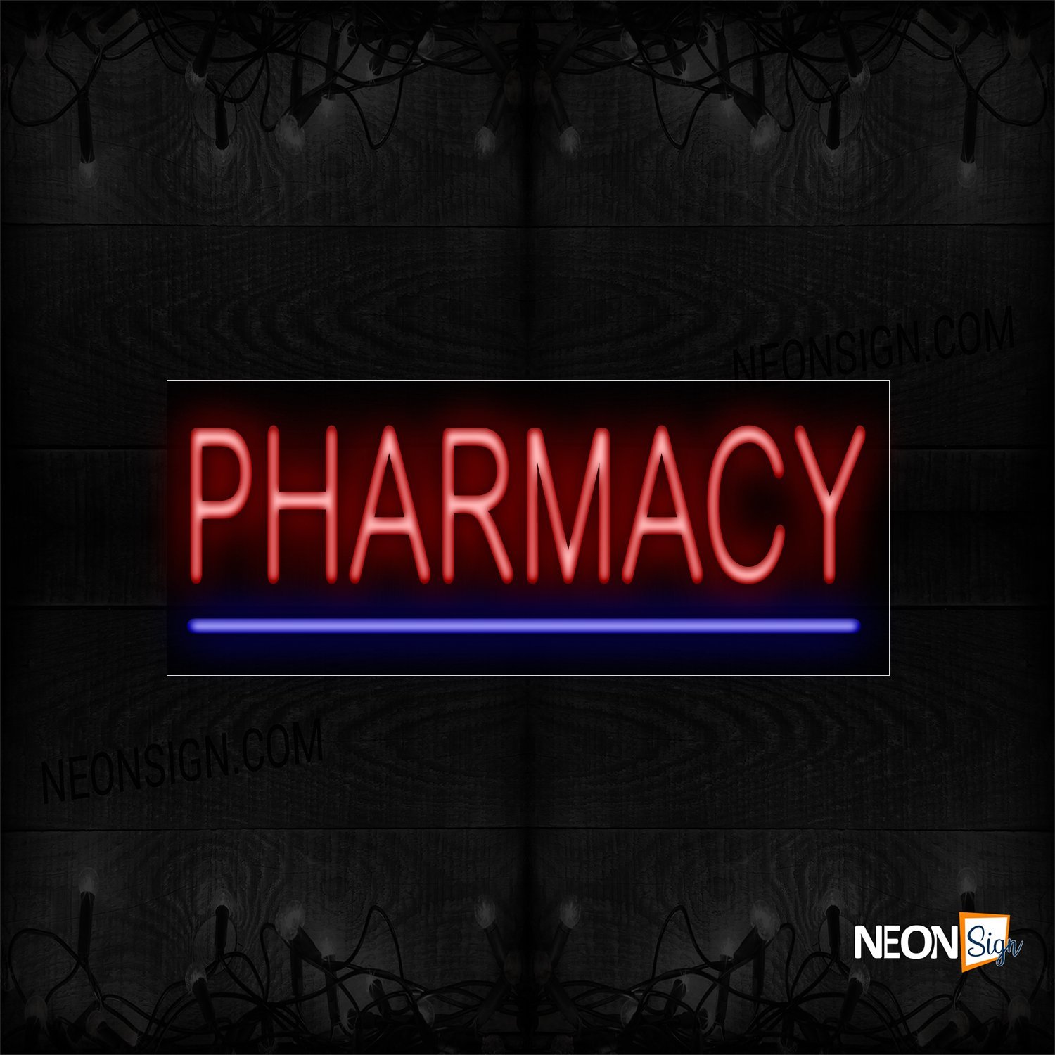 Image of 12130 Pharmacy In Red With Blue Line Neon Sign_10x24 Black Backing