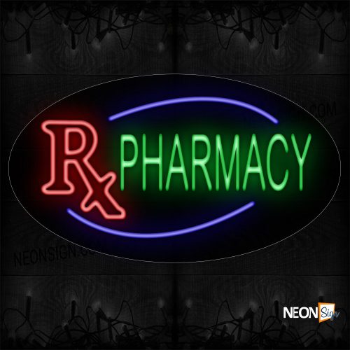 Image of 14064 Rx Pharmacy With Blue Arc Border Neon Sign_17x30 Contoured Black Backing