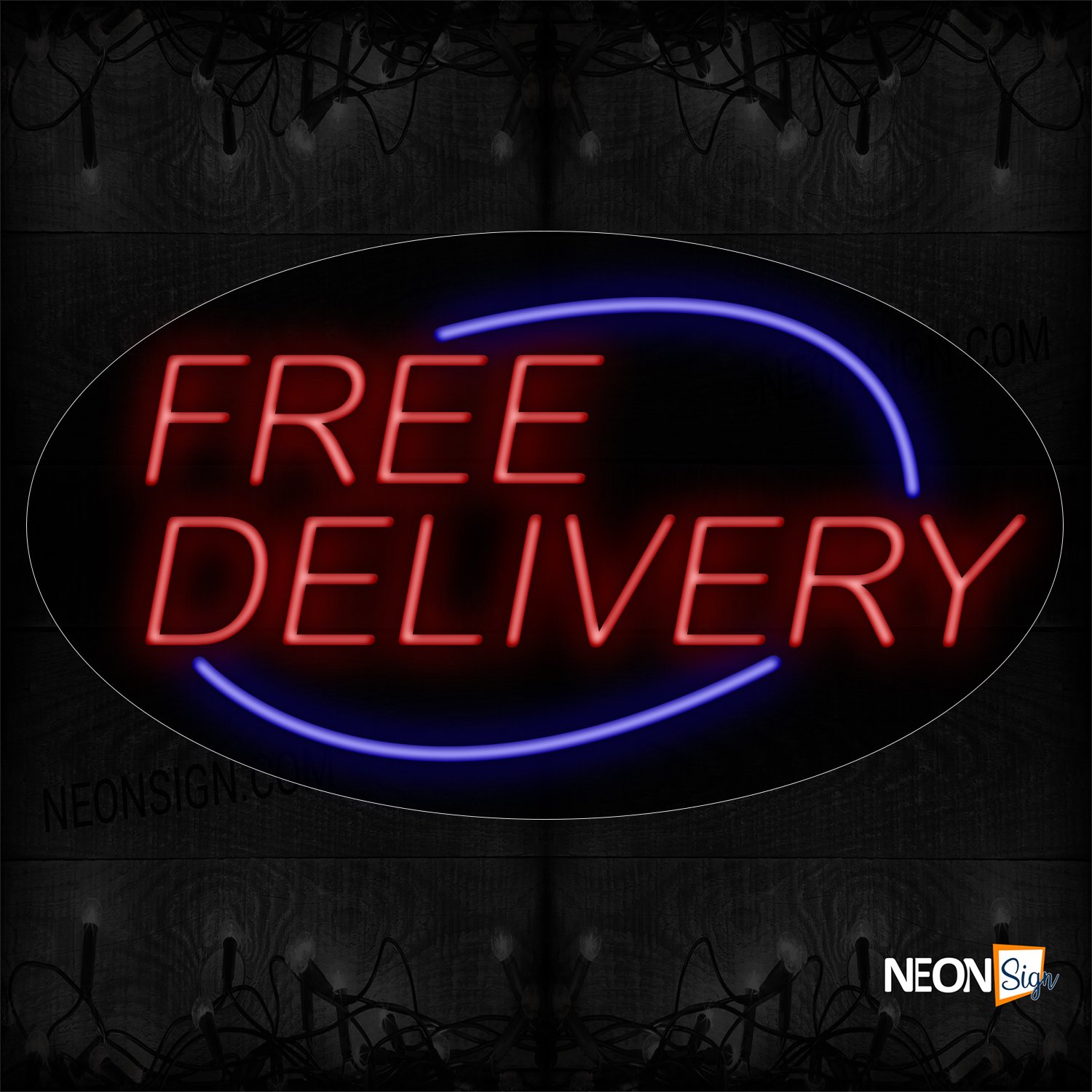 Image of 14097 Free Delivery In Red Blue Arc Border Neon Signs_17x30 Contoured Black Backing