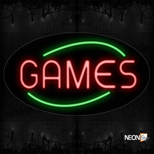 Image of 14103 Games In Red With Green Arc Border Neon Sign_17x30 Contoured Black Backing