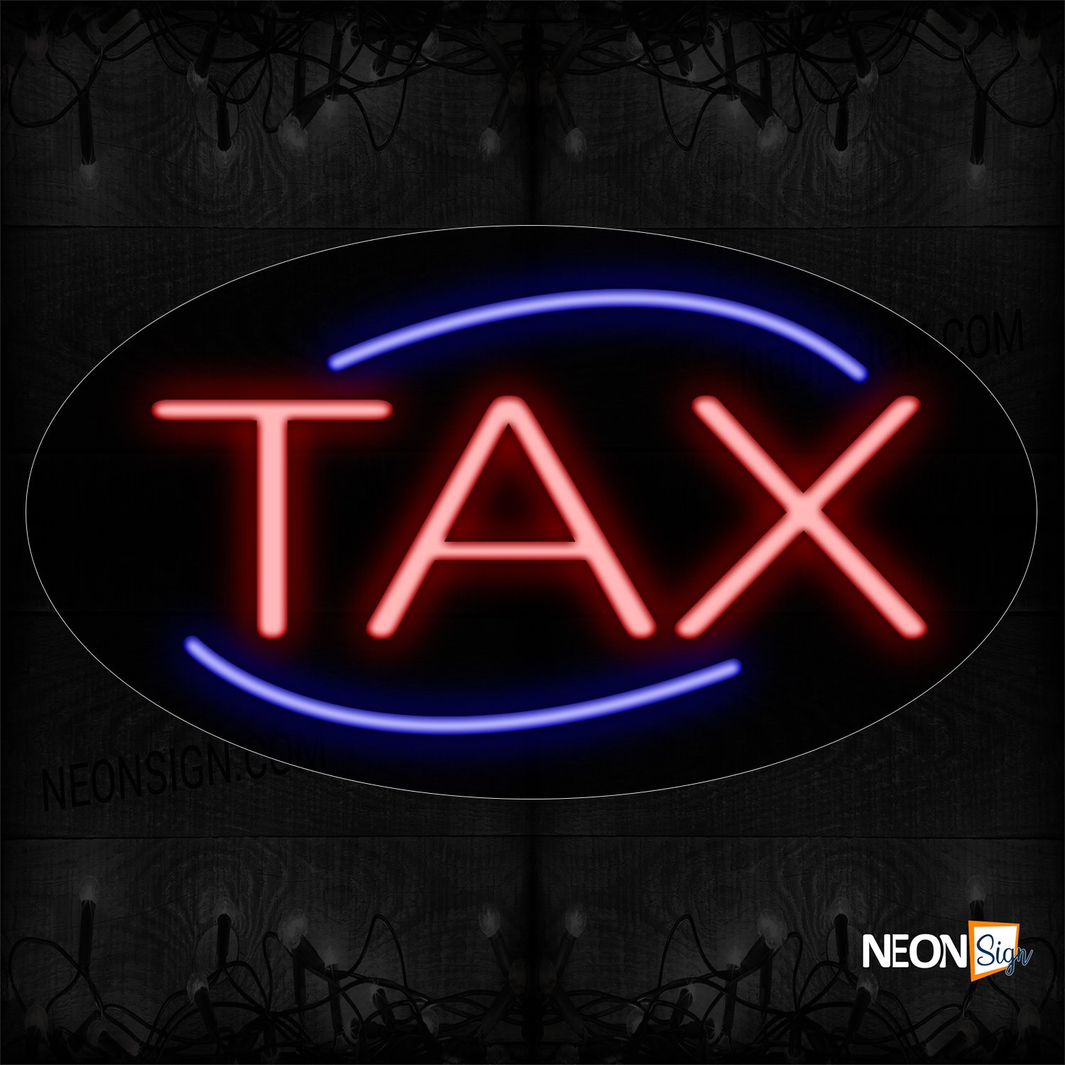 Image of 14128 Tax In Red With Blue Arc Border Neon Sign_17x30 Contoured Black Backing
