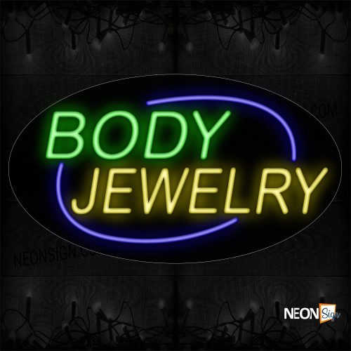 Image of 14155 Body Jewelry With Blue Arc Border Neon Sign_17x30 Contoured Black Backing