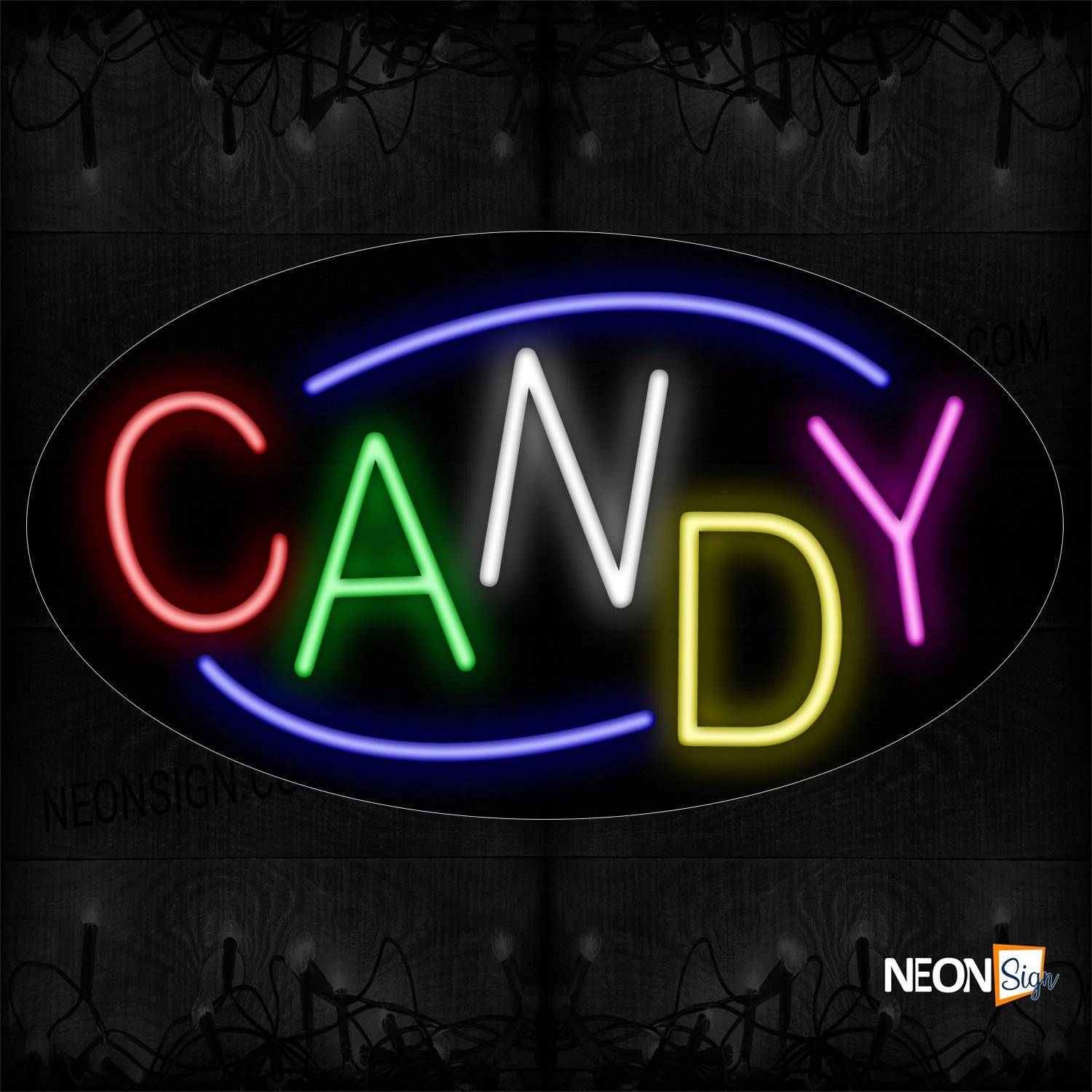 Image of 14168 Colorful Candy With Blue Arc Border Neon Sign_17x30 Contoured Black Backing