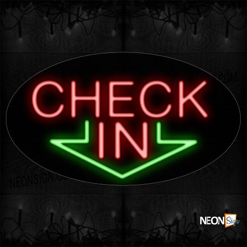 Image of 14174 Check In With Arrow Down Sign Neon Sign_17x30 Contoured Black Backing