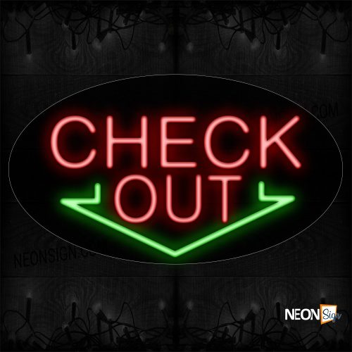 Image of 14175 Check Out In Red With Arrow Down Neon Sign_17x30 Contoured Black Backing