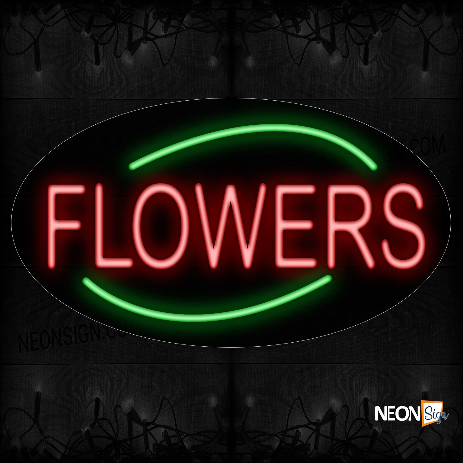 Image of 14206Flowers All Caps And Green Ellipse Traditional Neon_17x30 Contoured Black Backing