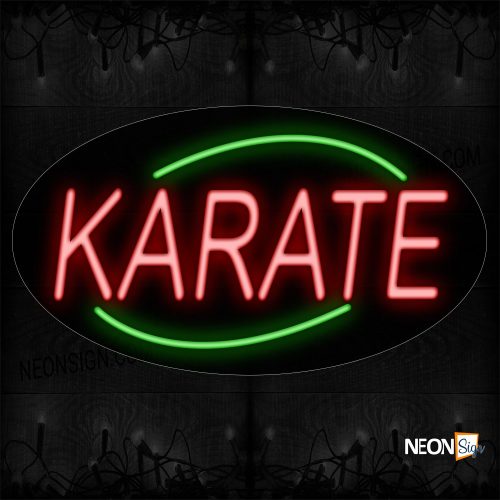 Image of 14233 Karate In Red With Green Arc Border Neon Sign_17x30 Contoured Black Backing