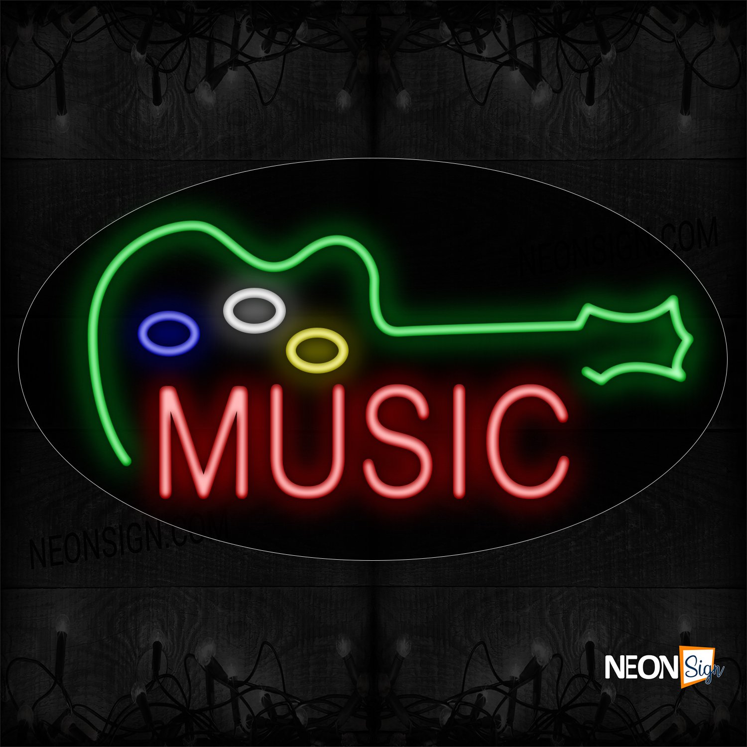 Image of 14255 Music In Red With Logo Of Guitar_17x30 Countoured Black Backing