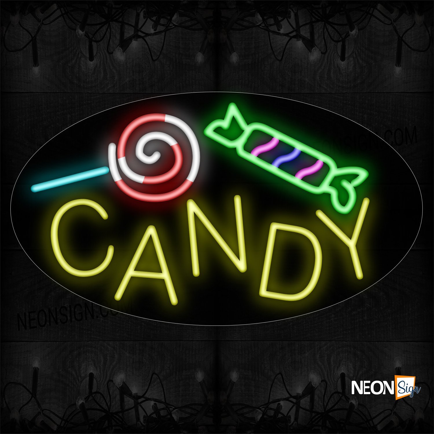Image of 14331 Candy In Yellow With Logo Neon Sign_17x30 Contoured Black Backing