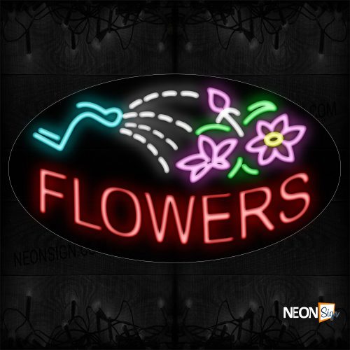 Image of 14342 Flowers With Logo And Sprinkler Neon Sign_17x30 Contoured Black Backing