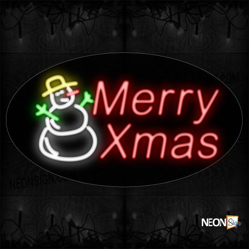 Image of 14357 Merry Xmas With Snowman Logo Neon Sign_17x30 Contoured Black Backing