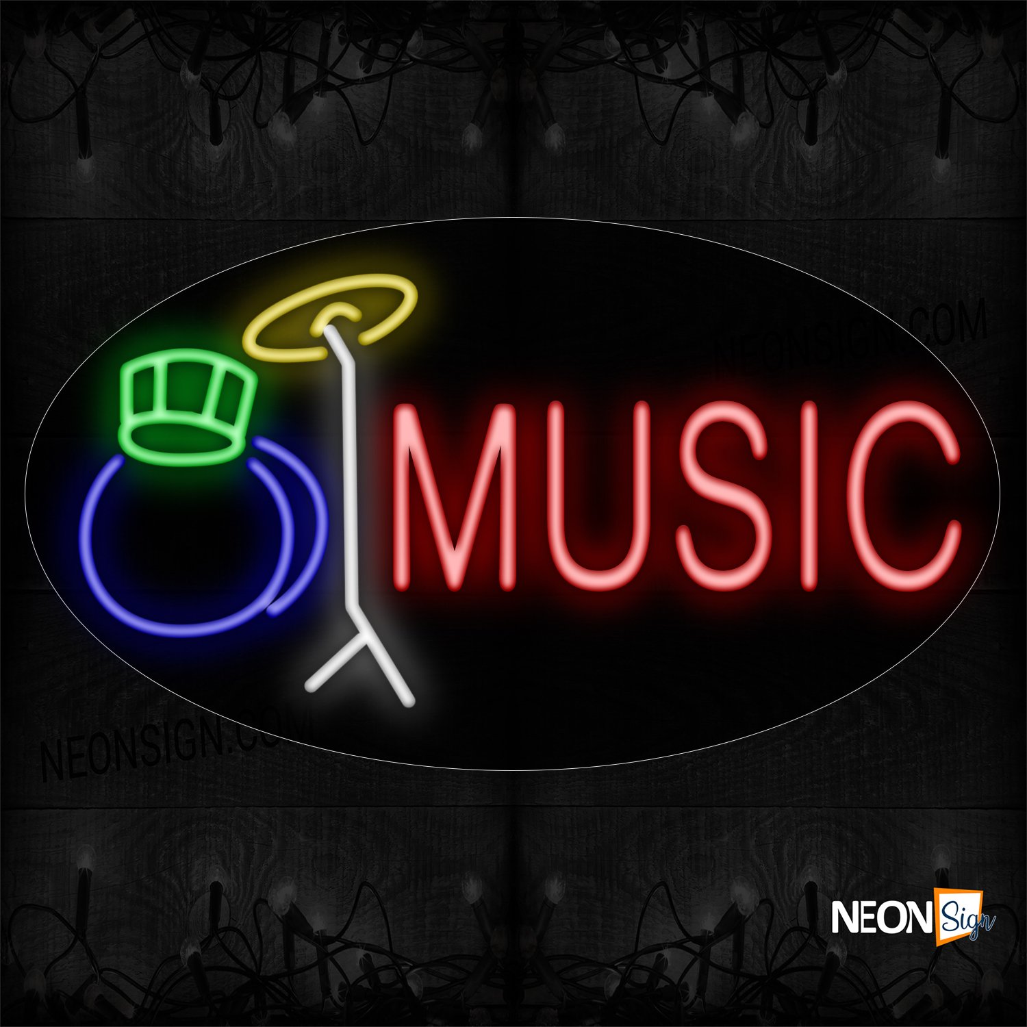 Image of 14359 Music With Drum Logo Neon Sign_17x30 Countoured Black Backing