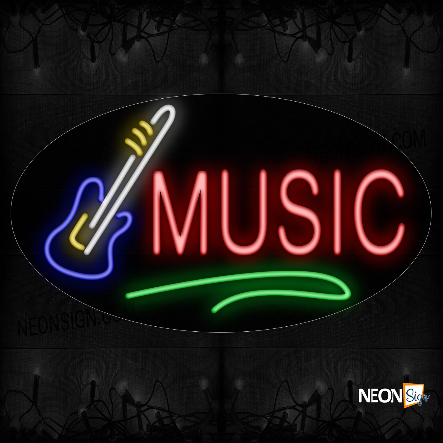 Image of 14360 Music With Contoured black backing Guitar Logo Neon Sign_17x30 Countoured Black Backing