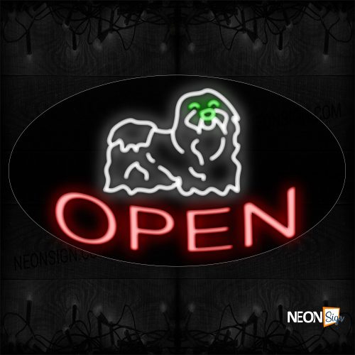 Image of 14362 Open in red color and Dog Logo Neon Sign_17x30 Countoured Black Backing