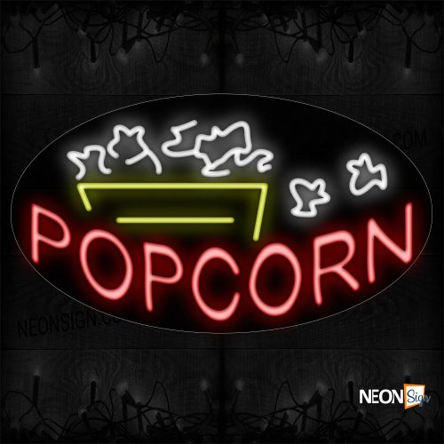 Image of 14367 Popcorn In Red With Logo Neon Sign_17x30 Contoured Black Backing