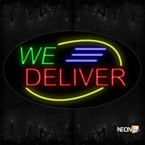Image of 14385 We Deliver With Blue Lines And Yellow Arc Border Neon Signs_17x30 Contoured Black Backing