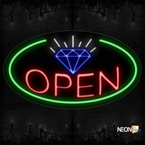 Image of 14395 Open With Border & Diamond Sign Neon Sign_17x30 Contoured Black Backing