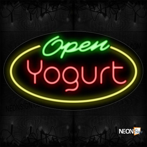 Image of 14410 Open Yogurt With Yellow Oval Border Neon Sign_17x30 Contoured Black Backing