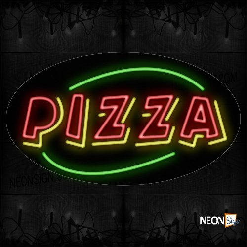 Image of 14468 Double Stroke Pizza With Green Arc Border Neon Sign_17x30 Contoured Black Backing