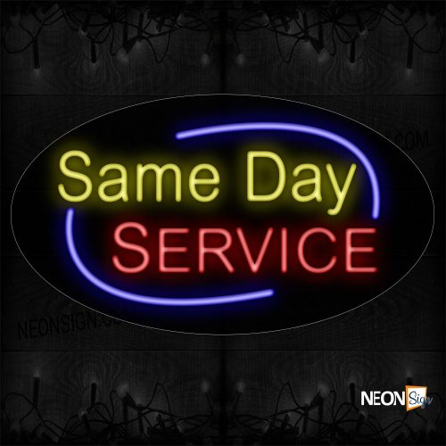 Image of 14474 Same Day Service With Blue Arc Border Neon Sign_17x30 Contoured Black Backing