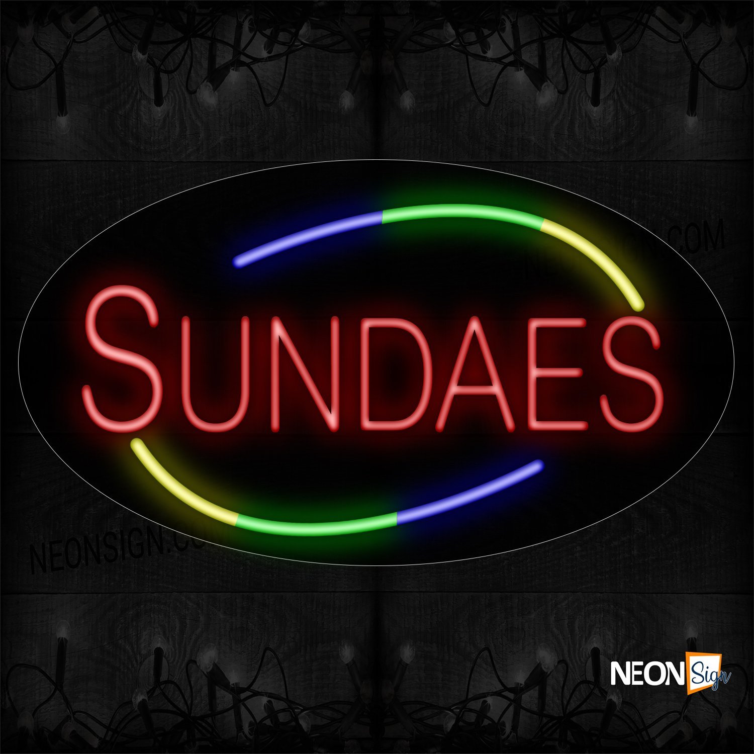 Image of 14480 Sundaes With Colorful Arc Border Neon Sign_17x30 Contoured Black Backing