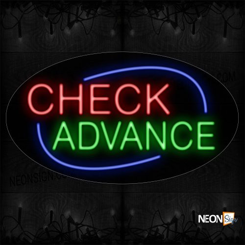 Image of 14505 Check Advance With Blue Arc Border Neon Sign Sign_17x30 Contoured Black Backing
