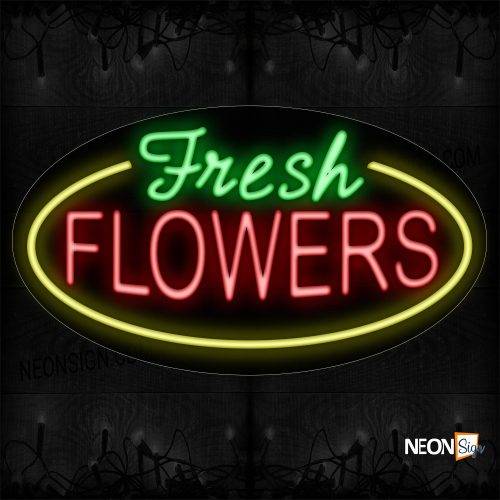 Image of 14521 Fresh Flowers With Yellow Oval Border Neon Sign_17x30 Contoured Black Backing