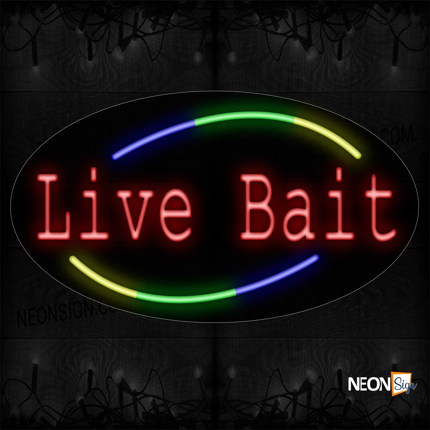 Image of 14537 Live Bait With Arc Border Sing Neon Sign_17x30 Contoured Black Backing