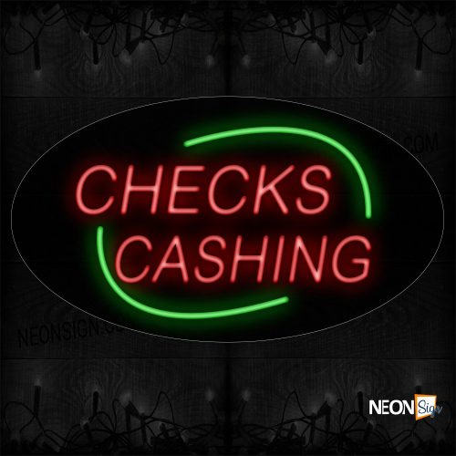 Image of 14577 Check Cashing In Red With Green Arc Border Neon Sign_17x30 Contoured Black Backing