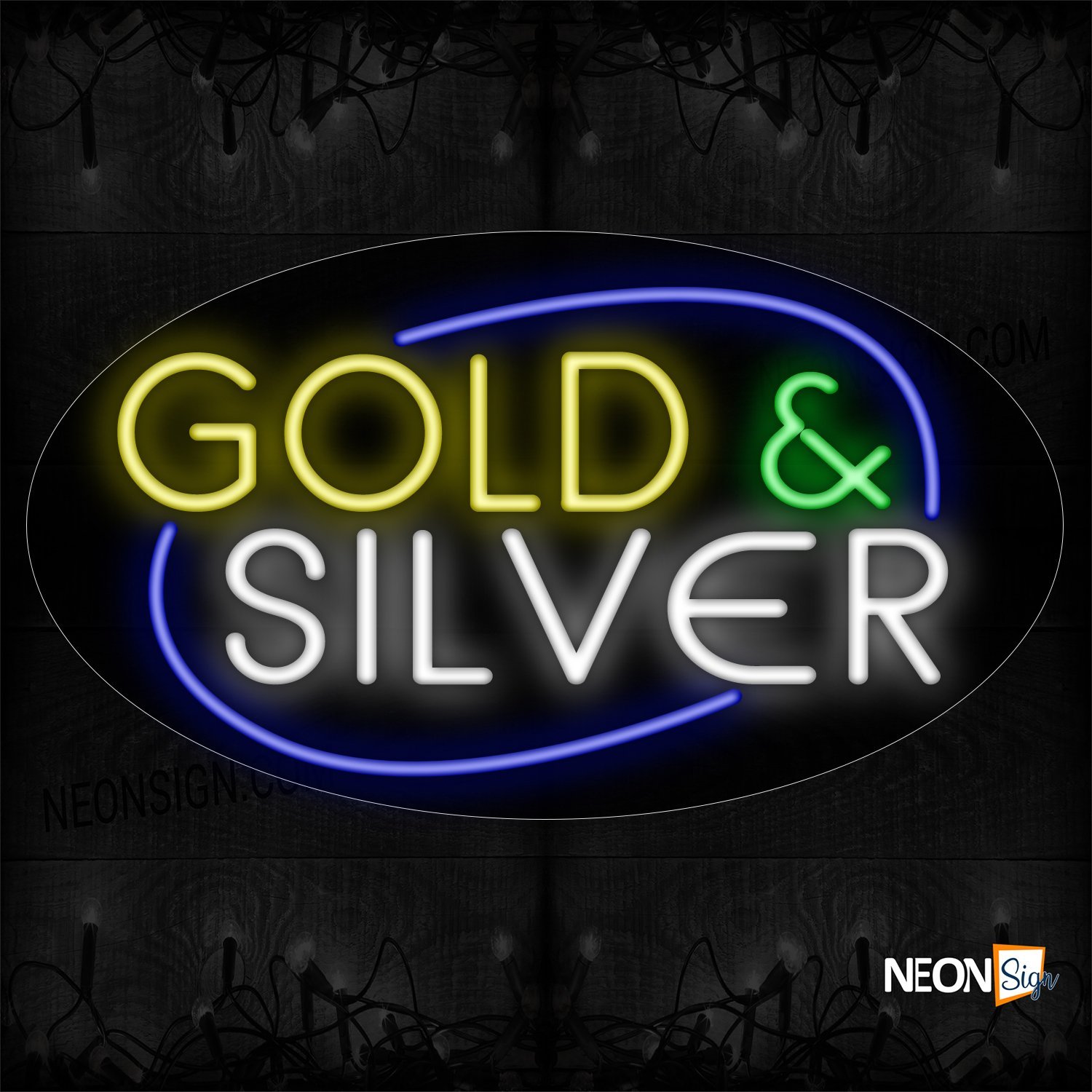 Image of 14590 Gold And Silver With All Caps And Ellipse Blue Traditional Neon_17x30 Contoured Black Backing