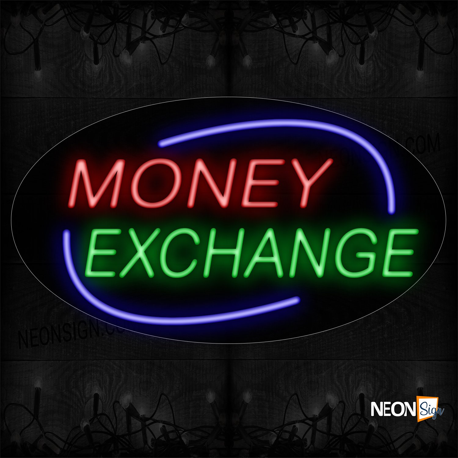 Image of 14599 Money Exchange With Blue Arc Border Neon Sign _17x30 Contoured Black Backing
