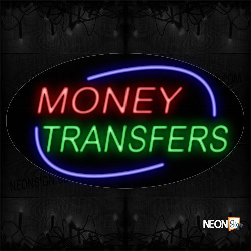 Image of 14600 Money Transfers With Blue Arc Border Neon Sign_17x30 Contoured Black Backing